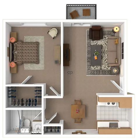Charming 1-bedroom apartment floor plan featuring a cozy living room, stylish kitchen, and private balcony, designed for modern living.