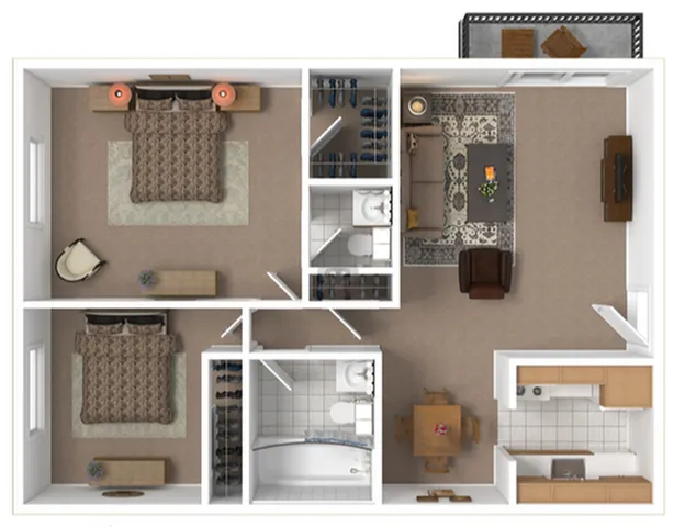 Elegant 3D floor plan showcasing 2 spacious bedrooms, a cozy living room, modern kitchen, and 2 bathrooms with balcony access.