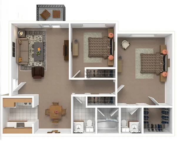 Modern 3D floor plan showcasing two spacious bedrooms, a cozy living room, a fully-equipped kitchen, dining area, and twin bathrooms.