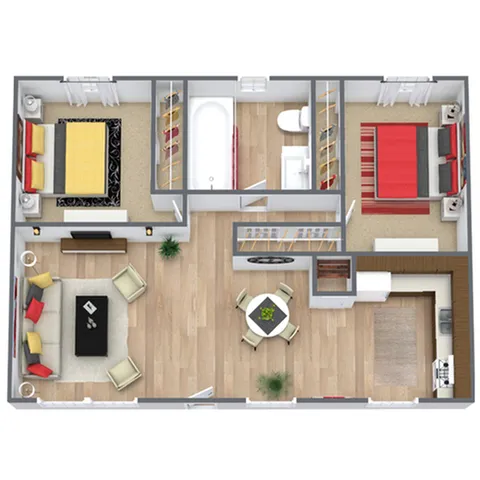 Chic 2D floor plan showcasing a vibrant two-bedroom apartment with a cozy living room, elegant dining area, and modern kitchen.