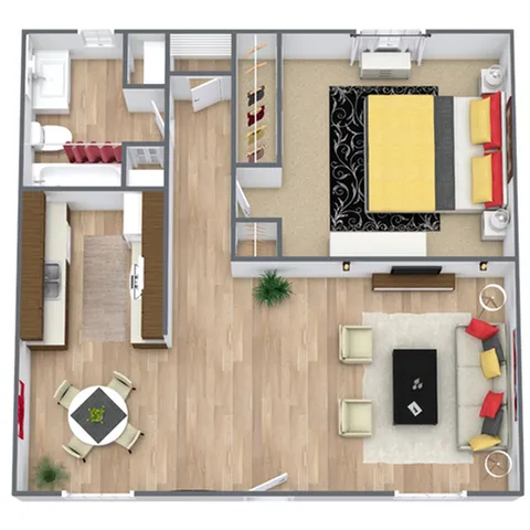 Chic floor plan with a spacious bedroom, stylish open-concept living and dining area, and a modern kitchen layout.