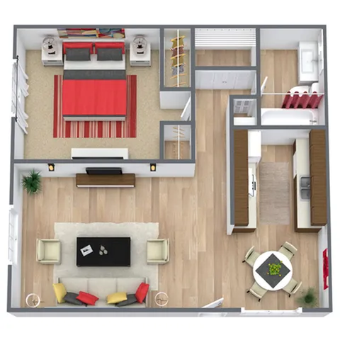 Contemporary 2D floor plan showcasing a spacious one-bedroom layout with open living and dining area, cozy kitchen, and stylishly decorated interiors.