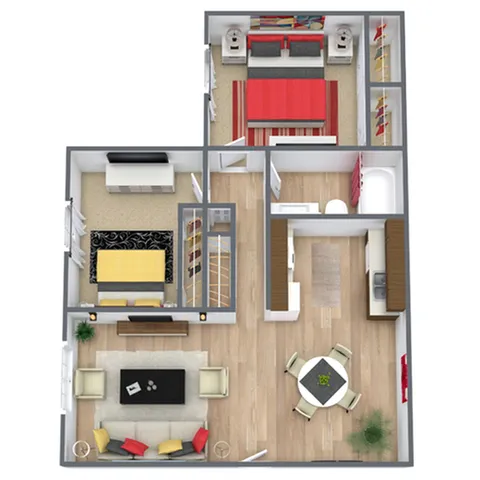 Charming 3D floor plan showcasing a vibrant 2-bedroom apartment with a cozy living room, elegant dining area, and modern kitchen.