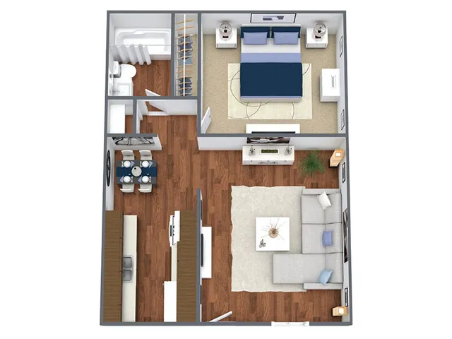 Modern 2D floor plan showcasing a cozy one-bedroom apartment with open-concept living and dining area, sleek kitchen, and contemporary bathroom design.