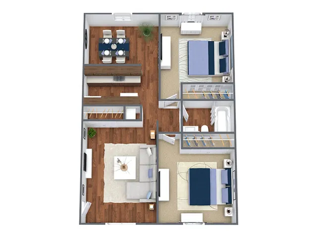 Charming floor plan showcasing 2 cozy bedrooms, elegant living room, modern open kitchen, and inviting dining area with warm wood flooring.