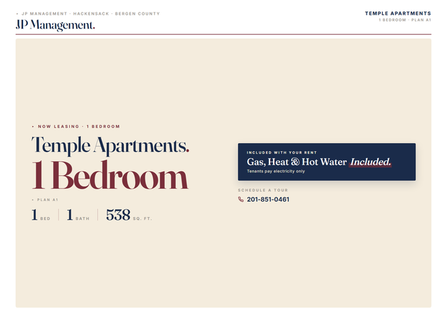 <Temple Apartments> 1 Bedroom-Hackensack