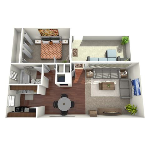 Modern 3D floor plan featuring a cozy bedroom, spacious living room, stylish kitchen, and chic dining area; perfect for urban living.
