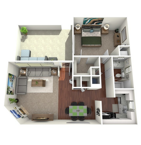 Modern 3D floor plan showcasing a spacious one-bedroom apartment, featuring an open-concept living and dining area, sleek kitchen, and inviting balcony.