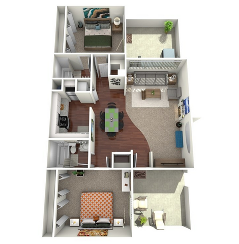 Elegant 3D floor plan showcasing 2 bedrooms, open dining area, spacious living room, and private balcony with modern decor.