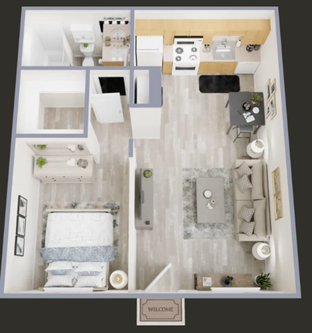 Chic modern floor plan showcasing a cozy one-bedroom apartment with an open-concept living and dining area, stylish kitchen, and compact bathroom.