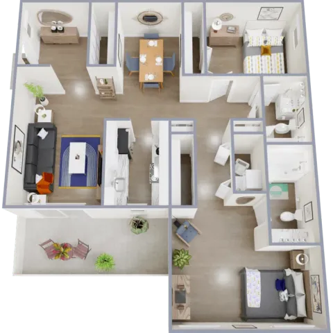 2 bedroom 2 bathroom apartment floor plan with open kitchen and spacious living area