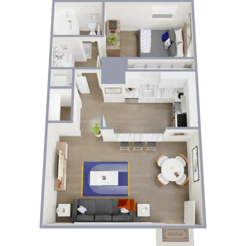 1 bedroom 1 bathroom apartment floor plan with open kitchen and spacious living area