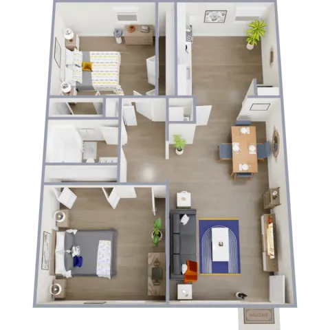 2 bedroom 1 bathroom apartment floor plan with open kitchen and spacious living area