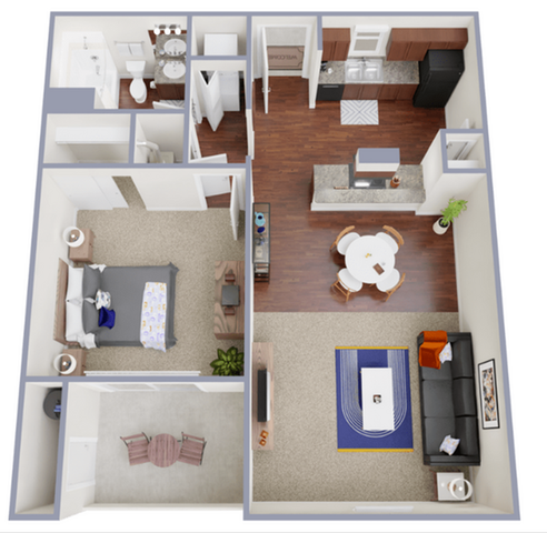 Charming apartment floor plan featuring a spacious bedroom, modern open-concept kitchen, and cozy living area with stylish furnishings.