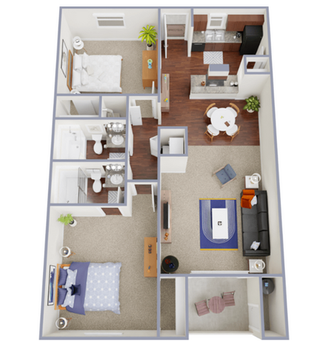 Modern 3D floor plan showcasing 2 bedrooms, an inviting open-concept living room, a sleek kitchen with dining area, and two stylish bathrooms.