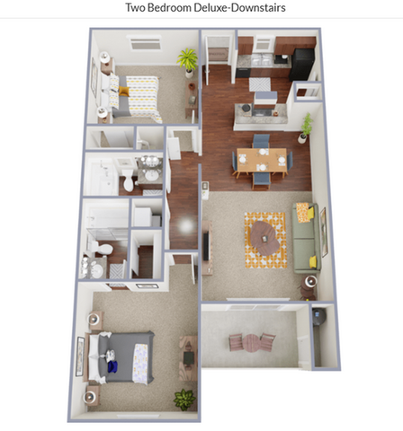 Inviting 3D floor plan of a Two Bedroom Deluxe apartment featuring a cozy living room, modern kitchen with dining area, and two stylish bedrooms located downstairs.