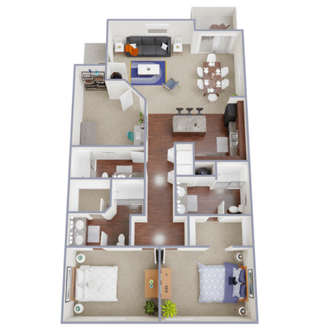 Chic 3D floor plan showcasing a modern apartment with 2 spacious bedrooms, 2 bathrooms, an elegant open-concept living and dining area, and a sleek kitchen with a breakfast bar.