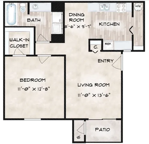 Modern floor plan showcasing a spacious one-bedroom apartment with open living area, dining room, kitchen, walk-in closet, bath, and patio access.