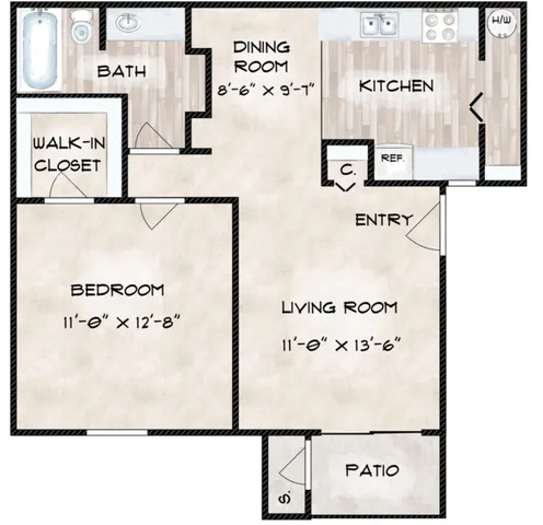 Inviting floor plan showcasing a spacious bedroom with walk-in closet, modern kitchen, cozy living room, and private patio.