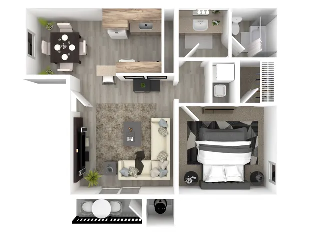 Sleek apartment floor plan showcasing a modern bedroom, open-concept living room, efficient kitchen with breakfast bar, and a stylish bathroom for comfortable urban living.