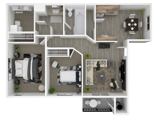 Modern floor plan showcasing a 2-bedroom apartment with a stylish open-concept living area, sleek kitchen, and cozy dining space.