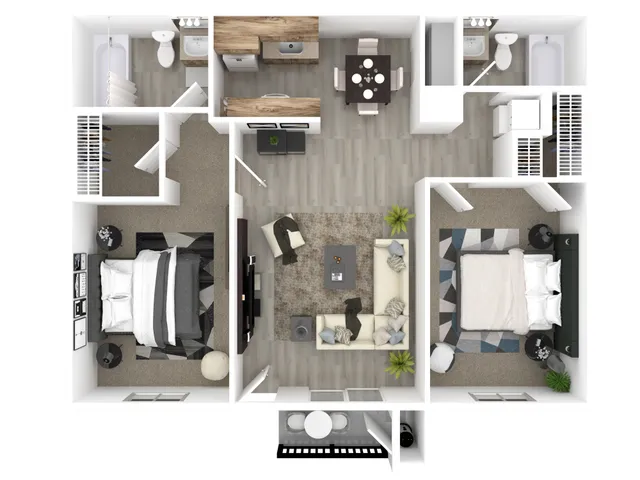 Modern 2D floor plan showcasing 2 bedrooms, a stylish living area, and a sleek kitchen with dining space.