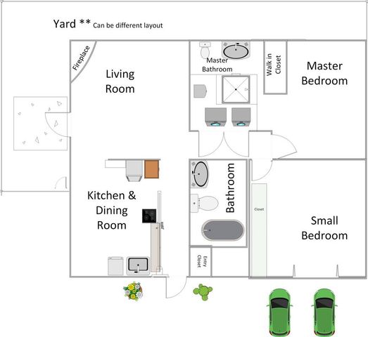 Charming floor plan showcasing a 2-bedroom layout with a spacious master suite, open kitchen and dining area, cozy living room with a fireplace, and a versatile yard.