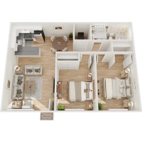Two bedroom, one bath floor plan (871 sq ft) at Palms on 2nd in Tucson, AZ
