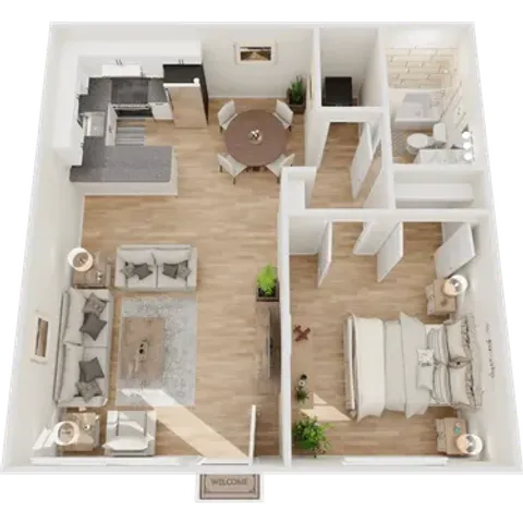 One bedroom, one bath floor plan (600 sq ft) at Palms on 2nd in Tucson, AZ