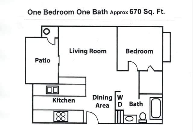 Charming floor plan of a one-bedroom, one-bath apartment with a spacious living room, dining area, and modern kitchen. Includes a cozy patio and approximately 670 sq. ft. of living space.