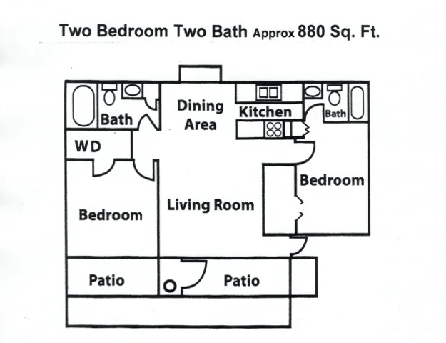 Inviting floor plan with two bedrooms, two baths, bright living room, modern kitchen, dining area, and dual patios in 880 sq ft layout.