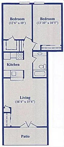 Elegant floor plan featuring 2 spacious bedrooms, an open kitchen, cozy living area, and private patio.