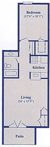 Modern 1-bedroom floor plan with spacious living area, open kitchen, and private patio access.