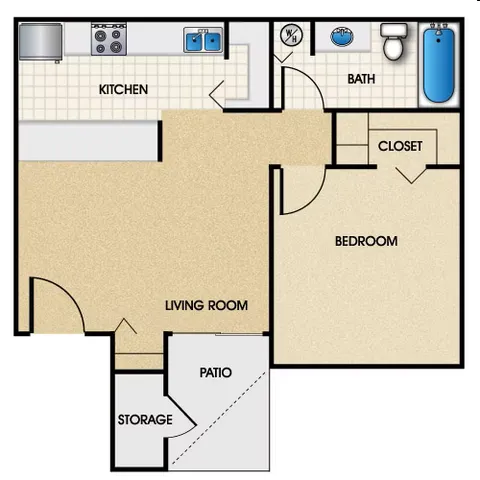 Floor plan with one bedroom, a modern kitchen, cozy living room, and inviting patio space Puesta Del Sol, Tucson Arizona