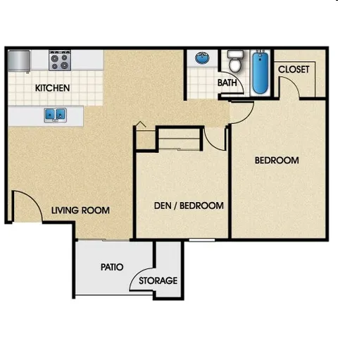 Modern floor plan featuring a cozy bedroom, versatile den/bedroom, open-concept kitchen and living room, plus a patio with storage.