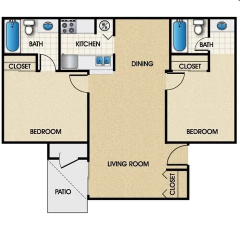 Modern apartment floor plan with 2 bedrooms, spacious living and dining area, well-equipped kitchen, and inviting patio.