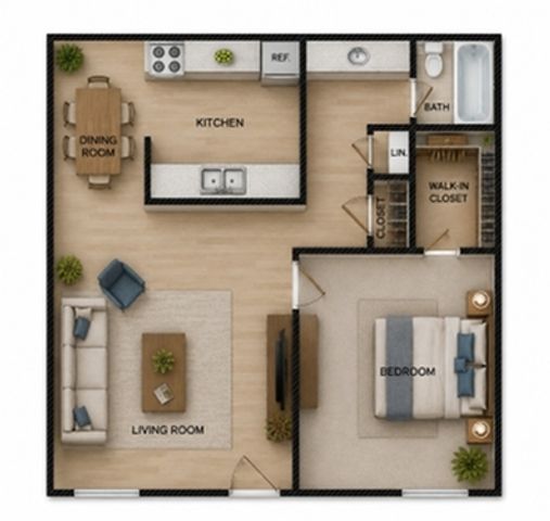 Modern floor plan showcasing a spacious one-bedroom layout with a stylish kitchen, cozy living room, dining area, and convenient walk-in closet. Elegant design perfect for urban living.