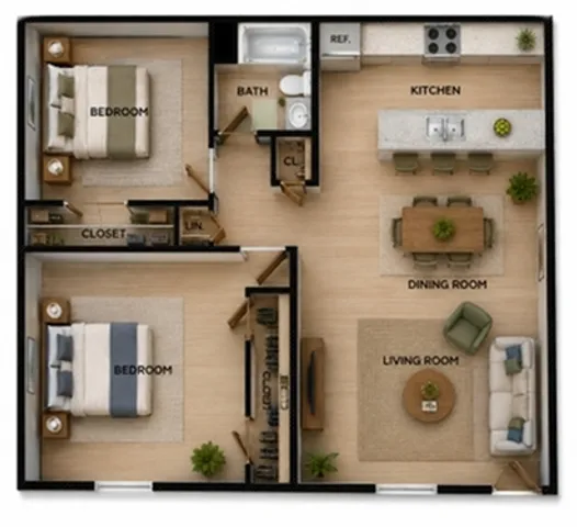 Modern floor plan featuring 2 bedrooms, spacious kitchen with island, cozy dining room, and inviting living area, ideal for comfortable living.