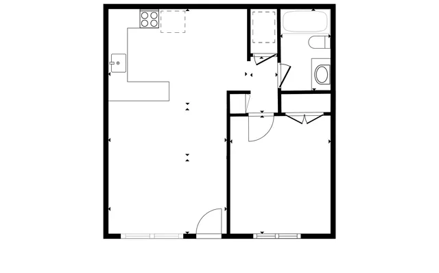 Modern floor plan showcasing a cozy 1-bedroom layout with open kitchen and bathroom, ideal for convenient city living.
