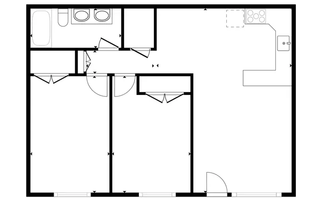 Chic 2-bedroom apartment floor plan with a modern kitchen and shared bathroom, perfect for comfortable living.