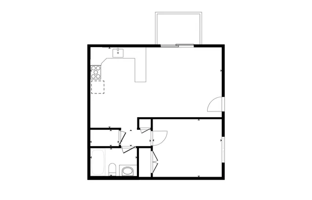 Compact studio apartment floor plan featuring a cozy kitchen area, spacious living space, and a modern bathroom layout.