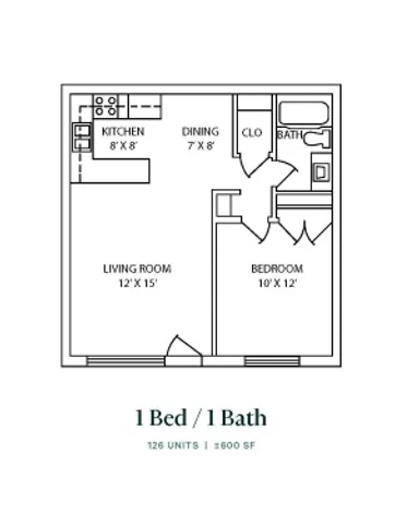 Modern 1 bed, 1 bath floor plan featuring a spacious living room, cozy kitchen, and dedicated dining area, perfectly designed for comfort with 600 sq ft of space.