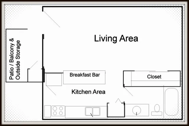 Contemporary floor plan showcasing a spacious living area, modern kitchen with breakfast bar, convenient closet, and patio with storage.