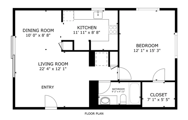 Charming floor plan showcasing a spacious 1-bedroom suite, cozy living room, dedicated dining area, modern kitchen, and a functional bathroom with ample storage closet.