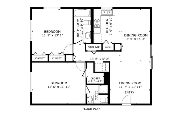 Inviting floor plan featuring two spacious bedrooms, modern kitchen, cozy living room, and dining area, complete with ample storage and two bathrooms.