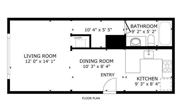 Modern floor plan showcasing a spacious living room, inviting dining area, efficient kitchen layout, and cozy bathroom with a laundry space.