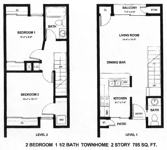 Modern 2-story townhome floor plan with 2 bedrooms, 1.5 baths, open-concept living and dining area, spacious kitchen, balcony, and patio, totaling 785 sq ft.