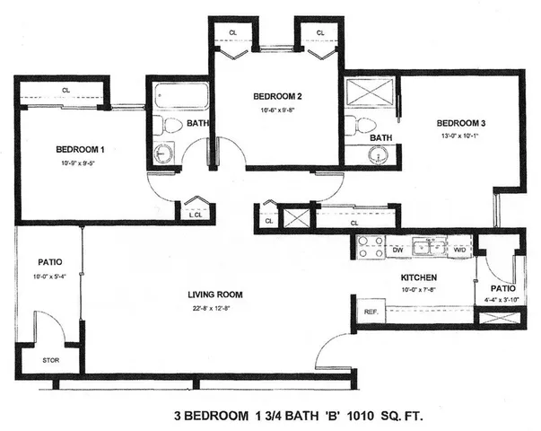 Inviting floor plan layout featuring 3 bedrooms, spacious living room, and modern kitchen with dual patios in 1010 sq ft space.