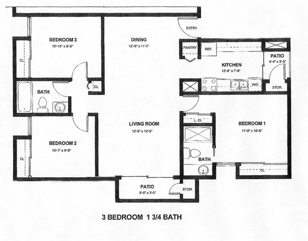 Contemporary 3-bedroom floor plan featuring a spacious living room, modern kitchen with pantry, two bathrooms, and dual patios for outdoor relaxation.