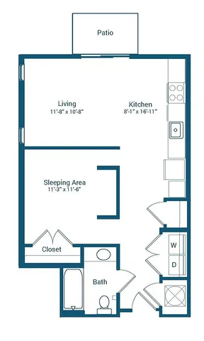 Modern studio apartment floor plan at Stonewater featuring an open kitchen-living area, cozy sleeping area, and a private patio. Spacious bath and convenient closet included in the 613 sq ft layout.
